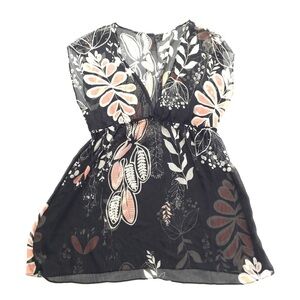Poetry Sheer Black Sheer Floral Leaf V Neck Top L